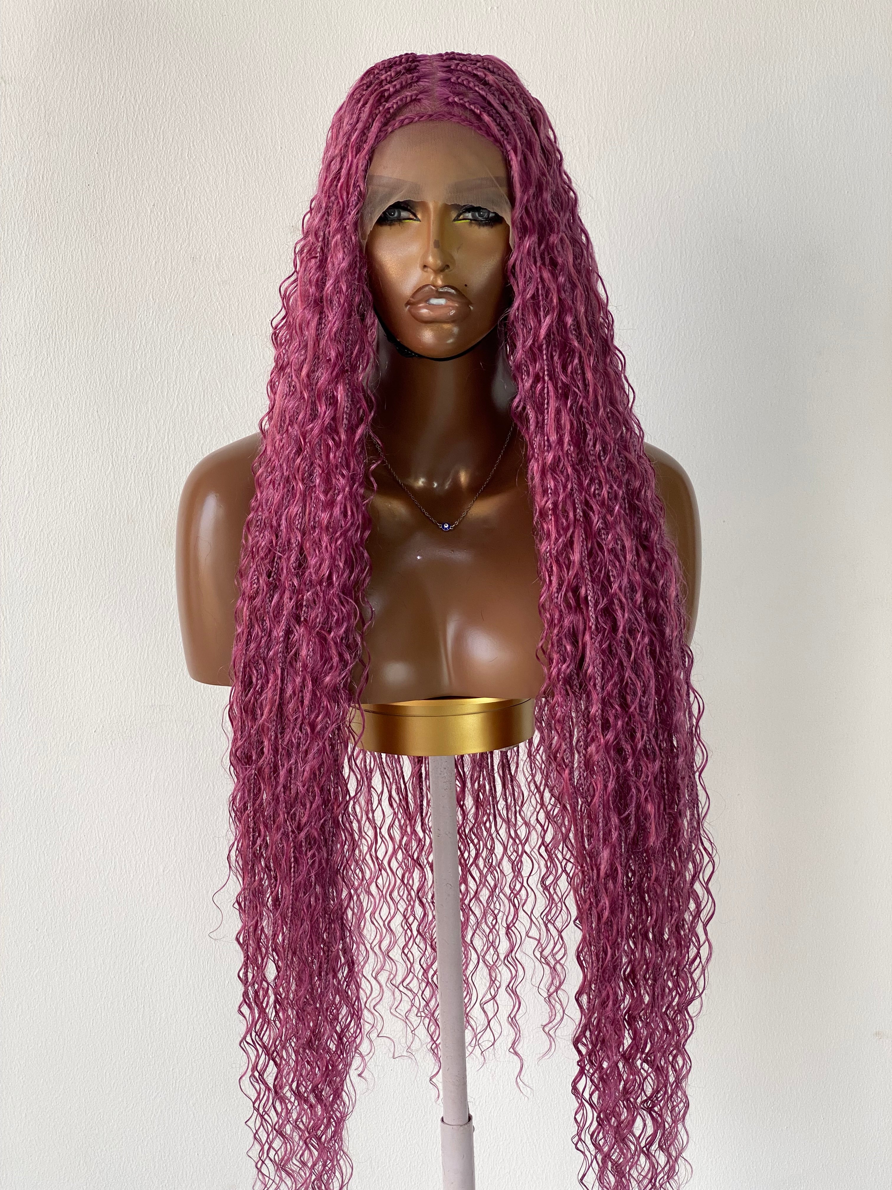 Bohemian Knotless Braid Wig, Pink Color (100% Human Hair Curls) Full lace - Tara